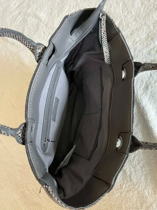 Chico's Gray Quilted Tote Bag Faux Snakeskin Trim and silver Tone - Picture 6 of 7